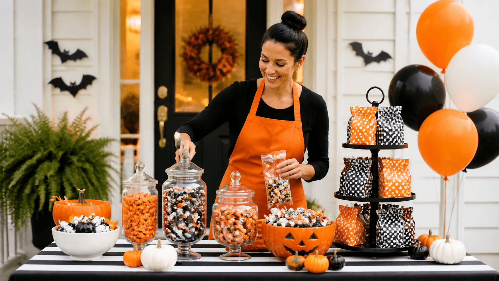 Halloween welcome table with orange pumpkins, candy bowls, black bats, and a glowing porch backdrop.