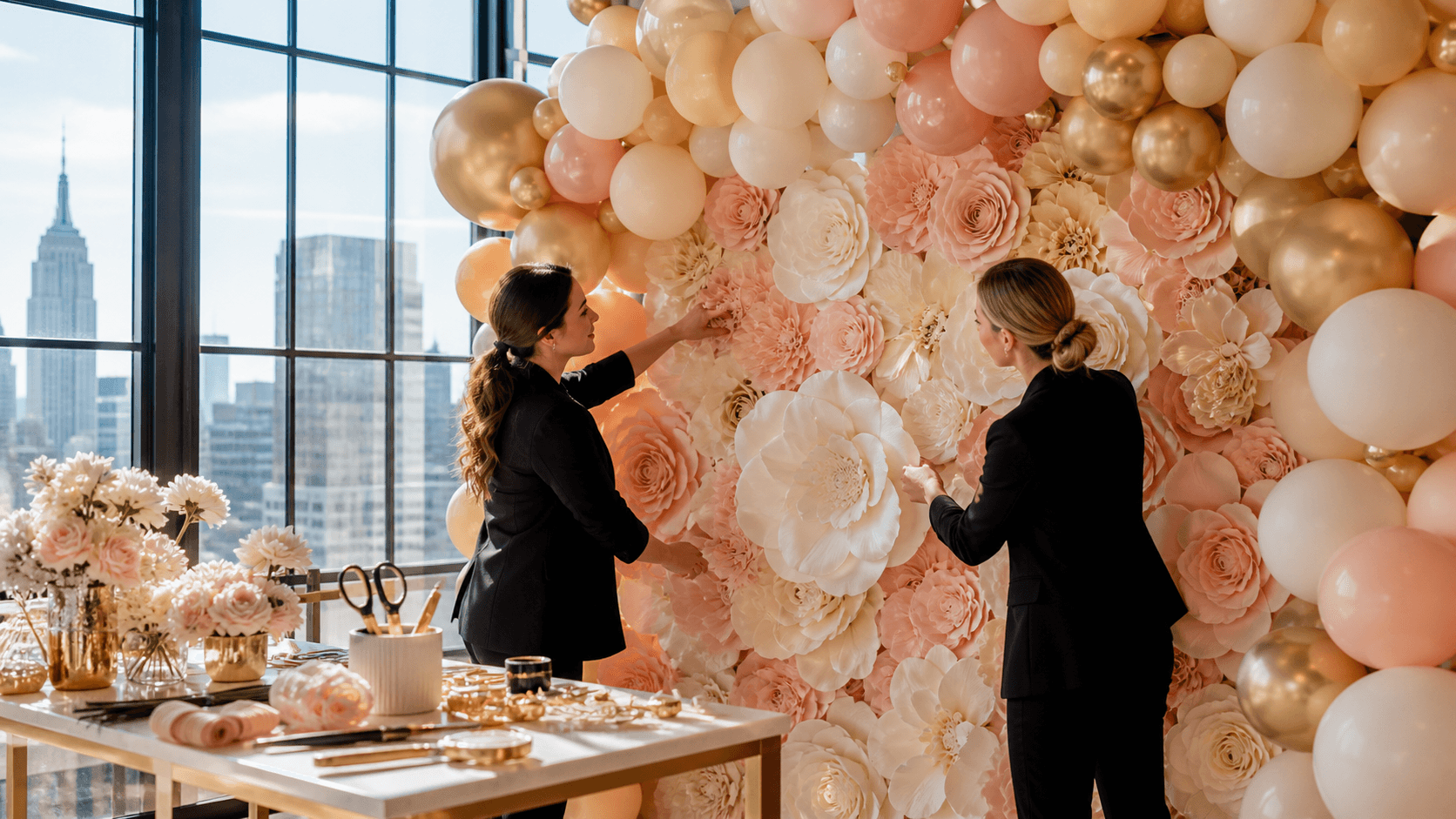 Colorful balloon garland framing a pastel paper flower backdrop against a bright white wall.
